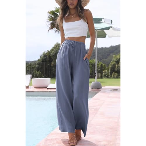 Image of Duyang Womens Cotton Linen Palazzo Pants Drawstring Elastic Waist Casual Wide Leg Trousers with Pockets