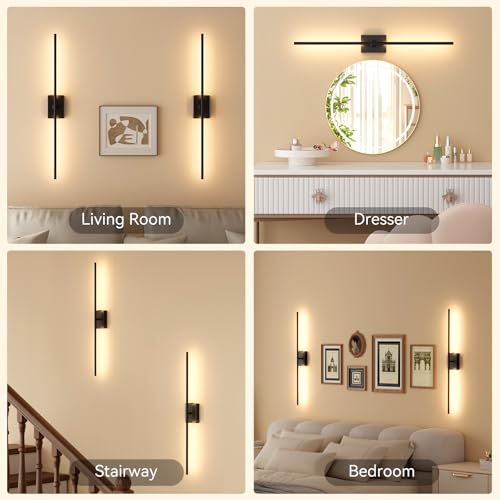 Image of Ouyulong Battery Operated Wall Sconces Set of 2, 10000mAh Wireless Rechargeable 3000-6000K Dimmable 350 Rotate Wall Light with Remote for Living Room, Bedroom 27.6in Black