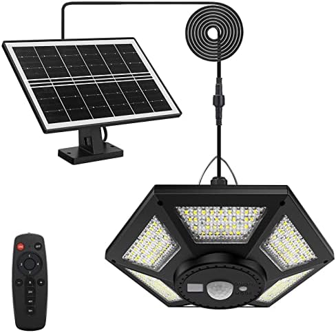 Yomisga Solar Powered Shed Light Daytime Available Solar Pendant Lights Outdoor with Remote Control, Timer, Motion Sensor & 5 Lighting Modes, 180 LED Solar Indoor Lights for Home, Shop, Garage, Barn…
