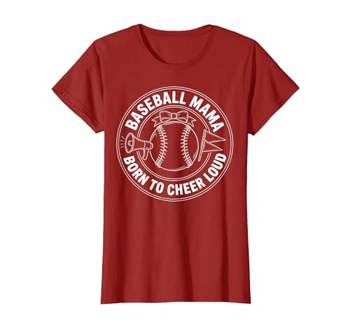Baseball Mama Born to Cheer Loud Design T-Shirt, Women, Cranberry Red, Small