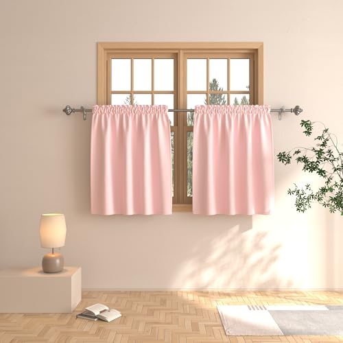 Pink Tier Curtains 30 Inch Room Darkening Window Treatment Set - 2 Panels Rod Pocket for Girls Room, Kitchen, Nursery, Bathroom, Basement - Short Cafe Curtains Half Window Triple Weave