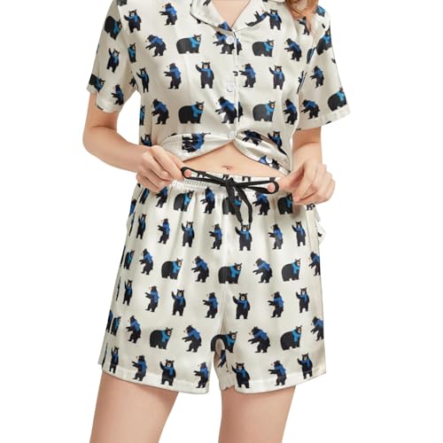Image of Silk Satin Pajama Set for Women Summer Lounge Pjs Sets 2 Piece Suit Ladies Button Down Tops And Shorts Sleepwear