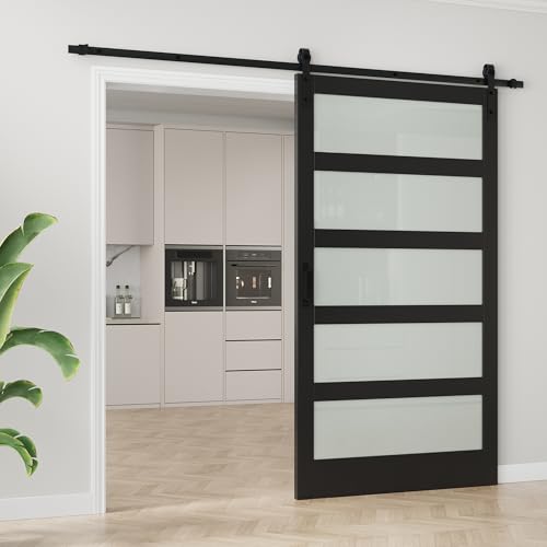 Image of 48 inchx84 inch Frosted Glass Barn Door with 8FT Sliding Hardware & Handle, Black | Pre-Drill Holes Barn door for Easy Assembly, Solid Wood Sliding Barn Door with Excellent Privacy Protection & Sound Reduction