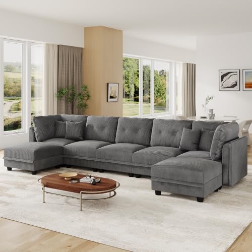 Image of LLappuil Modular Sectional Sofa with Storage, U-Shaped 7-Seat Corduroy Couch with 7 Throw Pillows, Pet-Friendly Convertible Sofa for Living Room & Apartment, Skin-Friendly, Grey