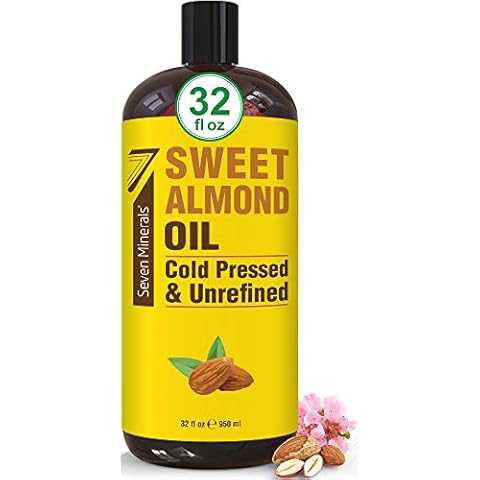 Seven Minerals, Pure Cold Pressed Sweet Almond Oil - Big 32 fl oz Bottle - Unrefined &100% Natural - For Skin & Hair, with No Added Ingredients - Perfect Carrier Oil for Essential Oils Cover
