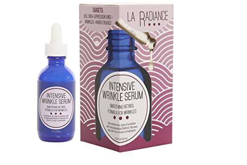 Intensive Wrinkle Serum with Retinol. Anti-aging formula for wrinkles, dull skin, harsh crease, and expression lines. 1.75oz glass bottle with dropper.