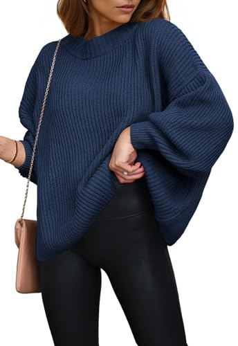 PRETTYGARDEN Womens Sweaters Fall 2025 Oversized Chunky Knitted Pullover Sweater Casual Long Sleeve Crewneck Cute Sweaters (Navy,Large)