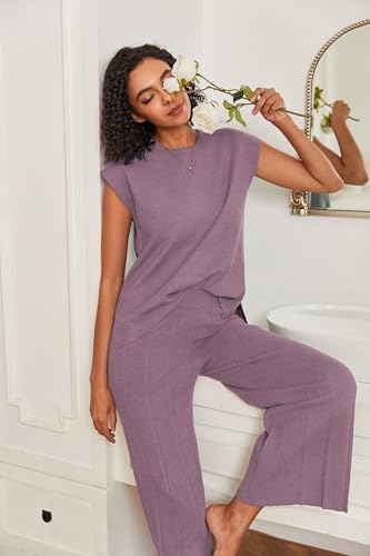 Image of Ekouaer Lounge Sets for Women Two Piece Outfits Knit Cap Sleeve Tops Wide Leg Pleated Pants Casual Dressy Sweater Sets