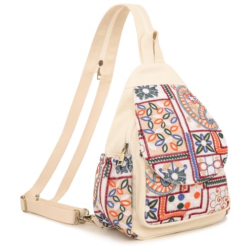 Image of SILKAREA Boho Embroidered Sling Backpack for Women Canvas Travel Chest Bag Multi-purpose Backpack Purse Shoulder Bag (Embroidered Orange)