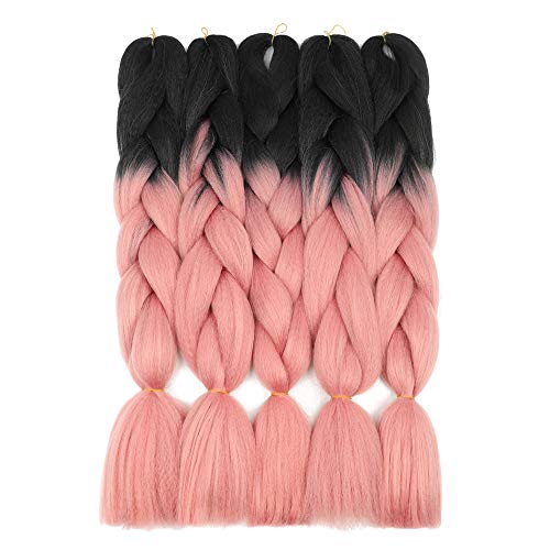 Newluyang Ombre Jumbo Braiding Hair Extensions Professional Hot Water Setting Synthetic 24Inch 5 bundles/lot（Black/Pink),two Tone Ombre Jumbo Color Crochet Braiding Hair Extension