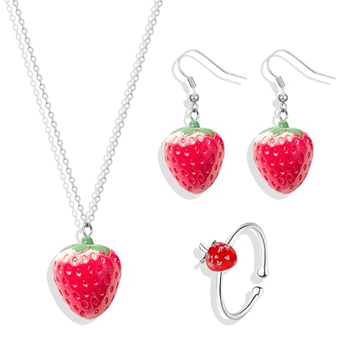 Strawberry Jewelry Set Necklace Earrings Bracelet Ring for Women Costume
