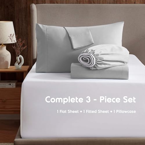 Image of Nestl Twin XL Bed Sheet Set - Light Grey - 3-Piece Deep Pocket | Instantly Soft, Night-One Ready (No Wash Required). Fits 16-Inch Deep Pockets, 360-Degree Elastic Grip