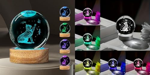 Image of 2 Pcs 3D Laser-Engraved Crystal Cat Ball Lamp with Wooden Base, USB Powered Hand & Cat RGB Night Light, A Unique Crystal Lamp for Your Home & Office Or Decorative Showpiece & Gift