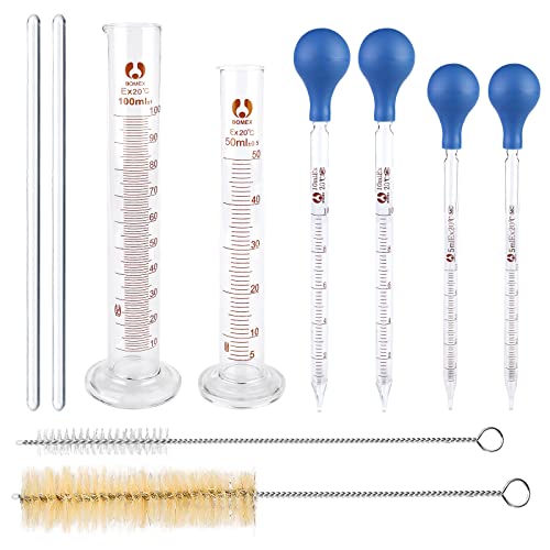 Pipettes En Verre, 4 Pièces Pipette Graduée En Verre Compte-gouttes 5ml 10ml et 2 Pièces Éprouvette Graduée 50ml 100ml avec Brosse De Nettoyage et Tige En...