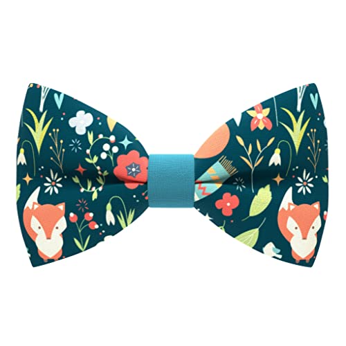 Bow Tie House Fox bow tie blue gabardine material unisex pre-tied pattern (Medium, Wild Fox)