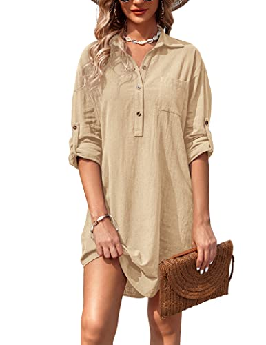 Zeagoo Women Summer Dress Cotton Linen Shirt Dress Button Down Tunic Dress Beach Cover Up Dress2