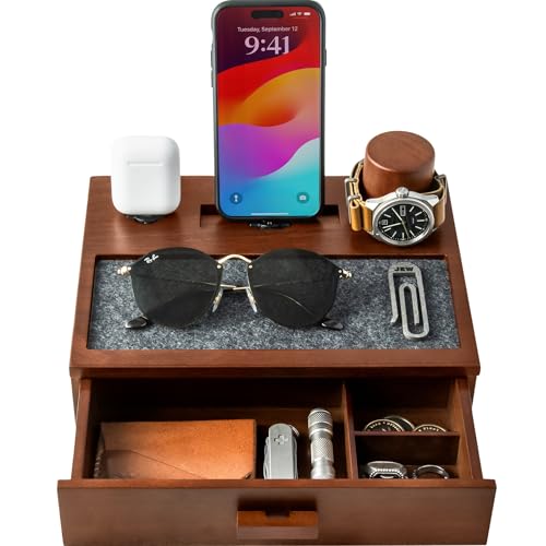 Holme & Hadfield Premium Wooden Phone Docking Station with Drawer – Nightstand Organizer for Charging Phone & Earbuds – Declutter Your Space with Felt-Lined Protection & Watch Pillar – Gift For Men