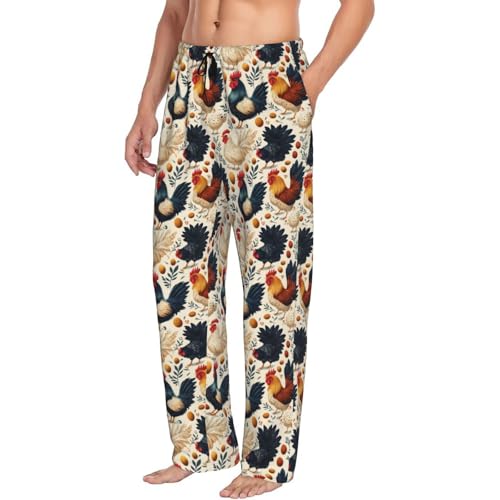 Mens Pajama Pants - Rooster And Eggs Print Soft Sleep Lounge Pants For Men, Casual Pj Bottoms With Pockets