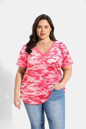 Image of CARCOS Womens Plus Size Tops Short Sleeve Shirts V Neck Tunic Floral /Tie Dye /Solid Summer Tees XL-5X