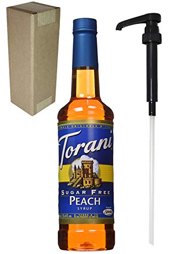 Torani Sugar Free Peach Syrup, 750mL (25.4 Fl Oz) Glass Bottle, Individually Boxed, With Black Pump