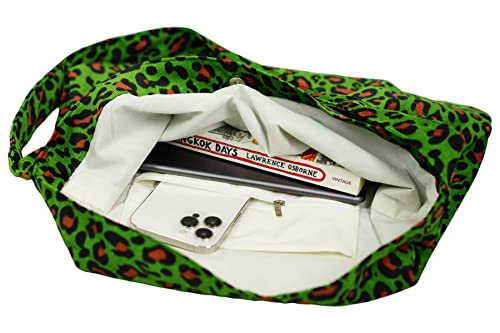 ZAIIVE Leopard Pattern Corduroy Tote Bag, Retro Green Leopard Print Crossbody Corduroy Shoudler Bag For Women Travel Shopping With Magnetic Snap4