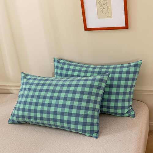 Image of EAVD Modern Style Grid Plaid Duvet Cover King Soft Cotton Blue Green Grid Plaid Bedding Set with 2 Pillowcases Reversible Checkered Geometric Duvet Cover with Zipper Closure