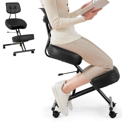 HOMASIS Genouillère Ergonomique, Tabouret à Genoux avec 4 roulettes & Freins, réglable en Hauteur, Chaise de Bureau avec Coussin d'assise épais, Pouf...