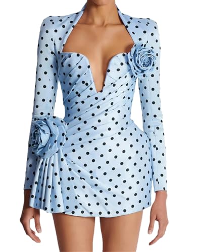 Women Polka Dot Print Spliced Appliques Dresses V Neck Long Sleeve High Waist Bodycon Dress