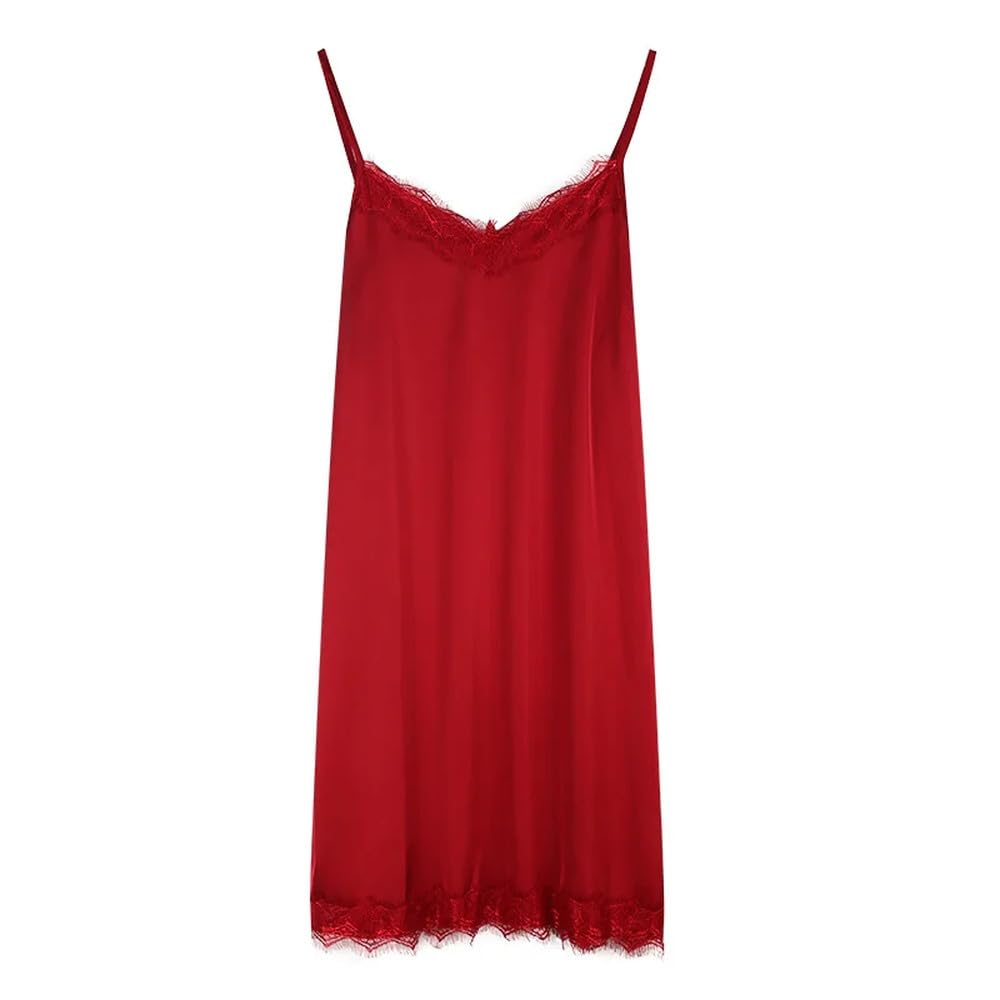 Camisón Para Mujer - Camisones Con Tirantes De Verano Para Mujer, Vestido De Satén De Seda Sin Mangas, Ropa De Dormir Sexy De Encaje Con Cuello En V, Ropa De Casa De Espagueti De Color Sólido