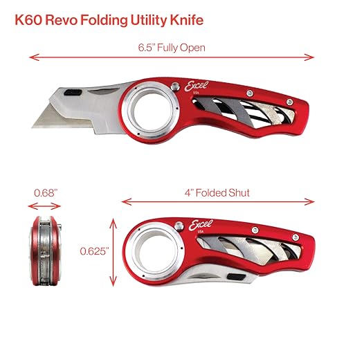 Excel Blades Revo Folding Utility Knife – Heavy-Duty Box Cutter with Aluminum Body, Quick-Change #92 Blades, 3 Lock Positions Design, Anti-Slip Finger Loop Grip, Holster Included – Red
