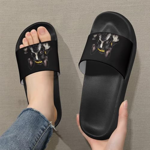 Jeiento Open Toe Slide Sandals for Women Men Non Slip Flat Bathroom Shower Shoes Soft Couple Home Shoes Dog Pattern2