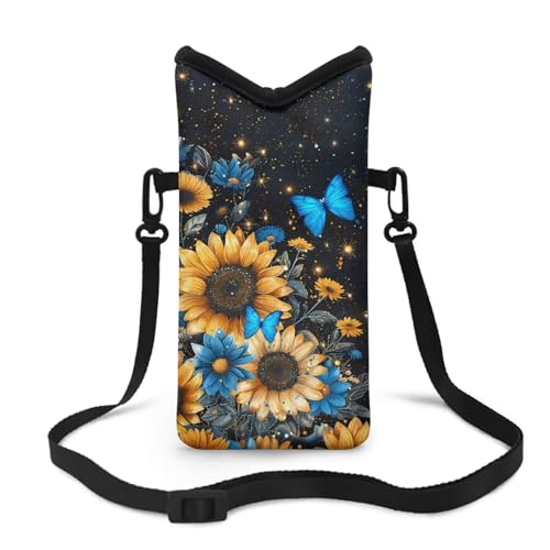 Image of Neoprene Phone Pouch Bag Shockproof Crossbody Phone Purse Bag with Detachable Adjustable Strap Travel Essentials Hands Free, Sunflower Blue Daisy Butterfly Sparkle Black