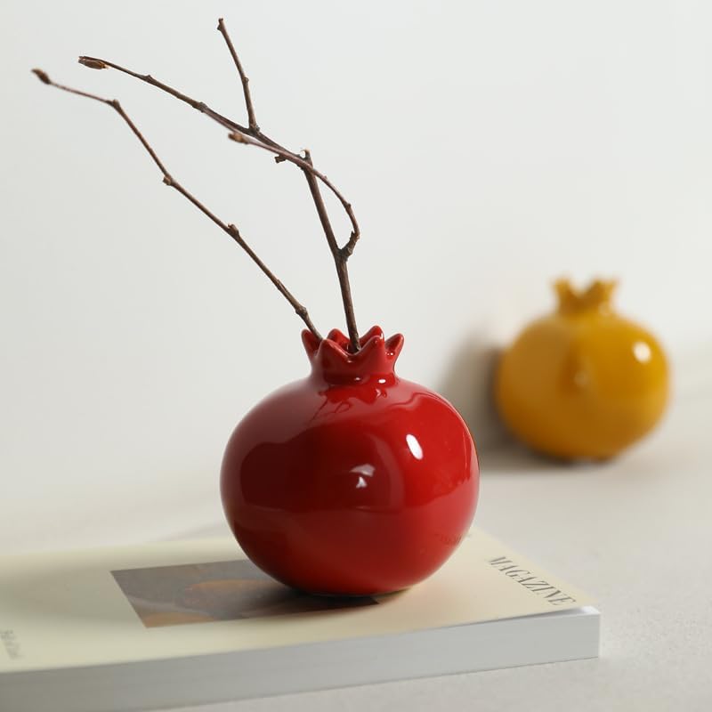 Ceramic Flower Vase Home Decor Pomegranate Shape,Small Farmhouse Table Vases Rustic Vintage Living Room Kitchen Bedroom Decorations for House Book Shelf Office Coffee Desk Dining Fireplace (Burgundy) image 4