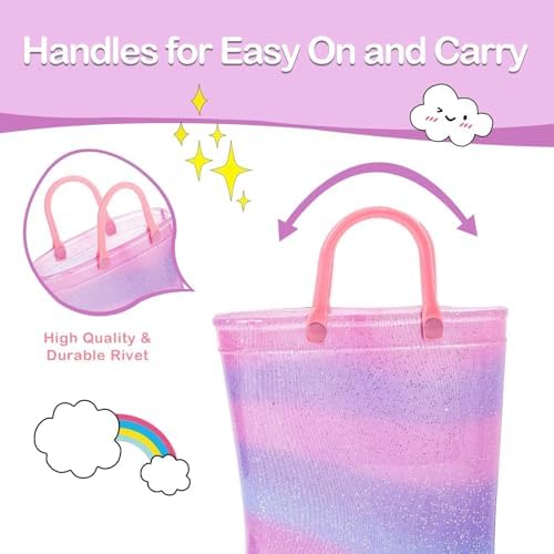 Toddler Kids Rain Boots Boys Girls Light Up Waterproof Boot with Handles, Big Kid Size 2, Pink Purple Blue - 2
