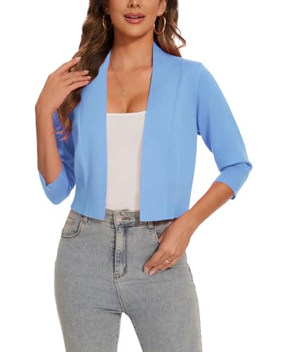 Image of Women 3 /4 Sleeve Cropped Cardigan Lightweight Casual Open Front Bolero Shrug Sweaters