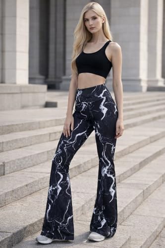 Image of Imperative Women's High Waist Flare Yoga Pants, Black Marble Print Gym Tights with Pockets, Stretchy Bell Bottom Workout Leggings, Daily Use Flared Palazzo for Woman