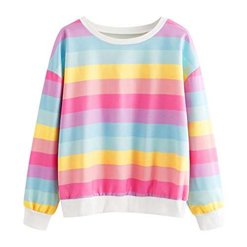 Women Rainbow Striped Sweatshirt Long Sleeve Scoopneck Pullover Jumper Tops Casual Autumn Winter Wear uBabamama (Pink,XL)