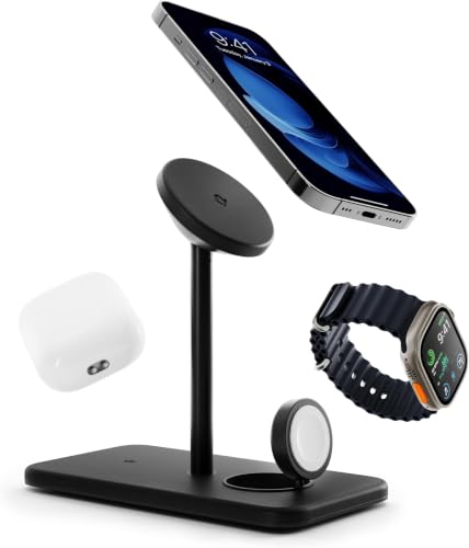 Image of Twelve South HiRise 3 Deluxe,Compact Luxury Wireless Magsafe Charging Stand for iPhone,AirPods & Apple Watch-Includes US Power Supply with 5' Cord,Plus International Plug Adapters,Black (Pack of 12)