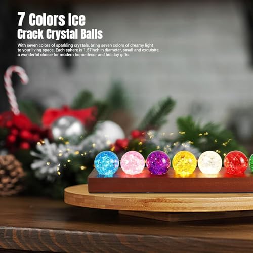 LOSCHEN 7 Farben EIS-Cracked-Kugeln, Core Memories Kristallkugeln mit LED-Sapele-Holzsockel, natürliche Heilkugeln für das Wohnzimmer Meditation Positive Energie Dekokugeln