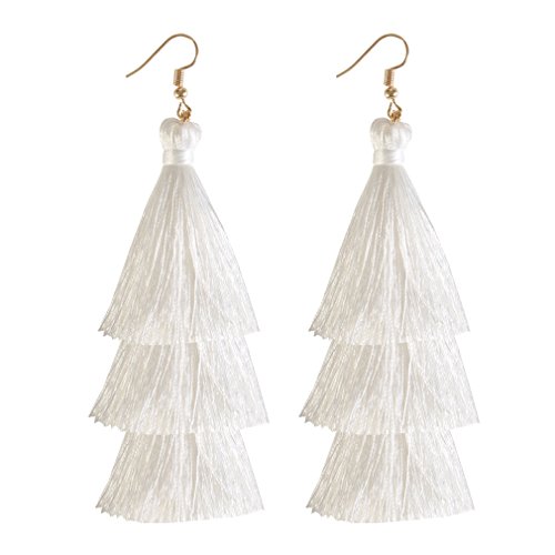 ELEARD Tassel Earrings Tiered Thread Tassel Dangle Earrings Statement Layered Tassel Drop Earrings (3 layers white)