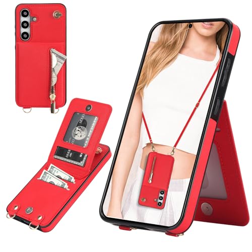 Coque Samsung Galaxy S24 FE avec cordon etui collier housse portefeuille rouge