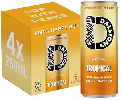 Dalston's Tropical Soda For Your Gut (4 x 250ml) - Prebiotic Blend of Plant Fibre, Zinc and Magnesium. Real Fruit - 25Kcal - No Added Sugar - No Artificial Sweeteners - Healthy Alternative