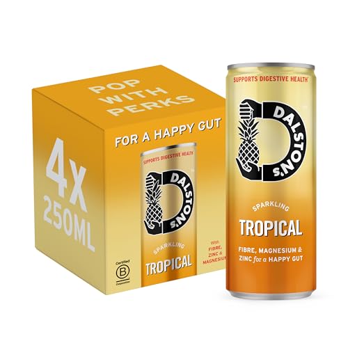 Dalston's Tropical Soda For Your Gut (4 x 250ml) - Prebiotic Blend of Plant Fibre, Zinc and Magnesium. Real Fruit - 25Kcal - No Added Sugar - No Artificial Sweeteners - Healthy Alternative