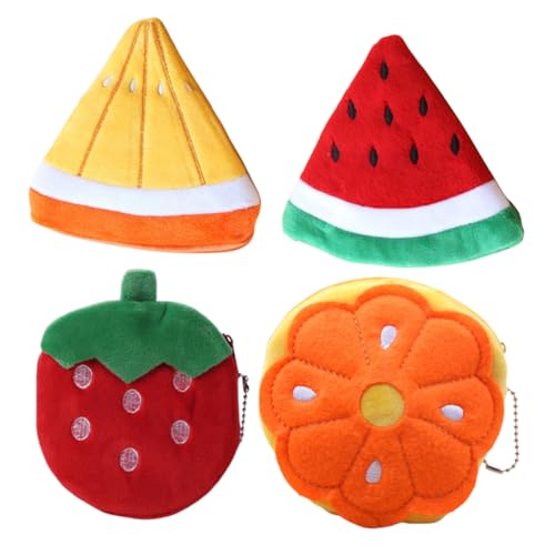4Pcs Cute Cartoon Fruit Coin Purse Wallet Set Plush Watermelon Orange Small Change Pouch for Boys and Girls Portable Tiny Wallet Hook Design