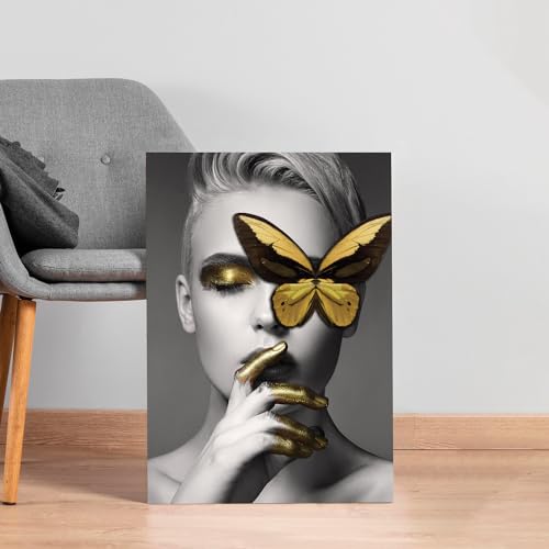 Image of PAINTINGMANTRA Stretched Modern Canvas Wall Art Painting, Women with Golden Butterfly Artwork for Living Room, Home, Bedroom, Office Decoration (Set of 1, 16x22 Inch)
