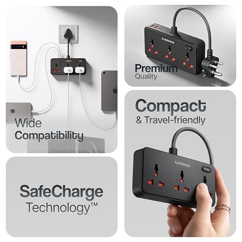 Image of Ambrane 7-in-1 Extension Board, 2 USB, 2 Type C, 3 AC Sockets 2500W, Perfect for Compact Spaces, Charge 7 Devices from 1 Socket, Hangable Cable Design, Works with All Devices (Smartstrip 5, Black)
