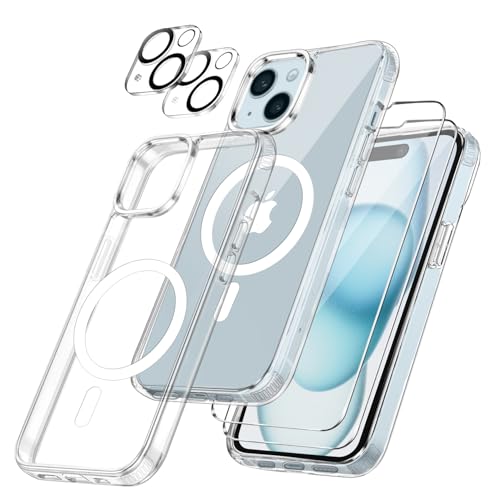 Czyoa Coque Magnétique pour iPhone 15 avec 2 Pièces Verre Trempé Protection Écran + 2 Protections pour caméras, Anti-Rayures, Anti-Dérapante, Etui de Transparent TPU Protection iPhone 15