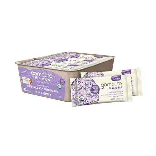 GoMacro MacroBar Organic Vegan Protein Bars White Chocolate + Macadamia Nuts – Plant-Based, Gluten-Free, Non-GMO – Clean Label Certified – 2.3 Ounce Bars, 12 Count