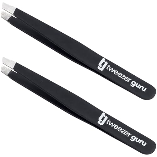 Tweezer Guru Tweezers for Women Facial Hair & Men – Precision Slant-Pointed Eyebrow Tweezer for Ingrown Hair, Blackhead & Splinter Removal (2 Black)