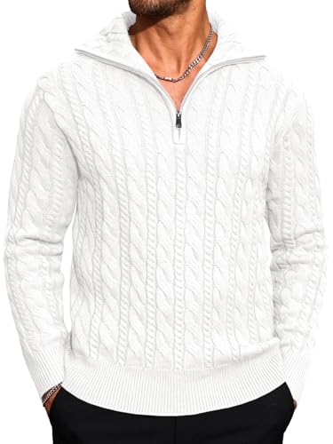 Yousify Mens Quarter-Zip Pullover Sweater Casual Mock Neck Cable Knitted Winter Warm Chunky Polo Sweaters